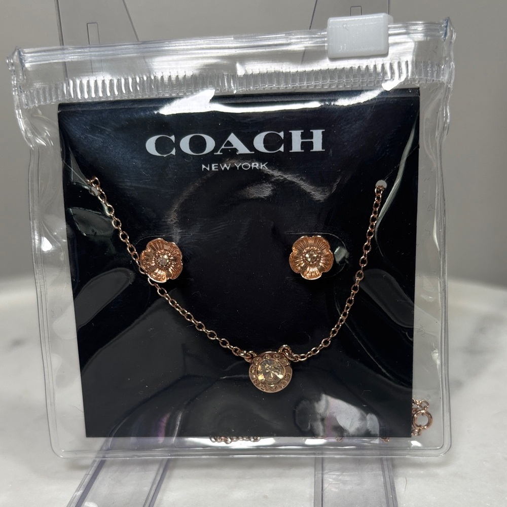 Coach Rose Gold Flower Necklace and Stud Earrings with Pink Crystal